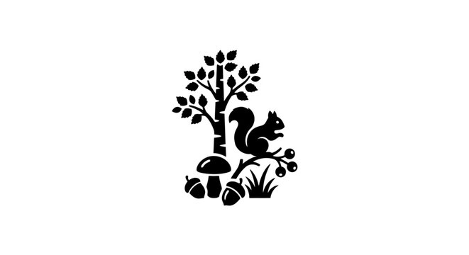 Forest Silhouette: Squirrel, Birch Tree, Mushroom, Acorns, Berries