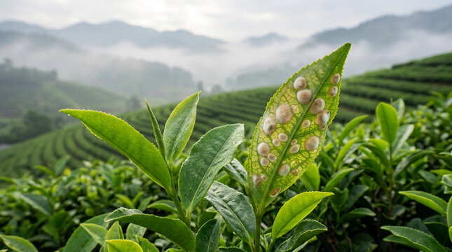 Tea plant sprout features distinct raised galls on the leaf surface while situated within a sprawling mountain tea estate.