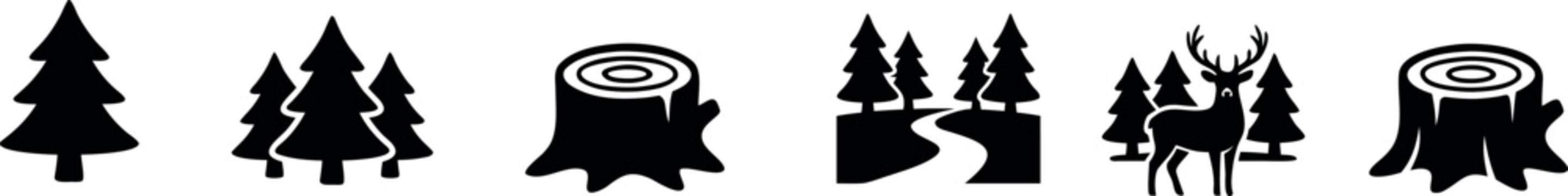Forest and woodland silhouette icon set with pine trees, tree stumps, deer and nature landscape