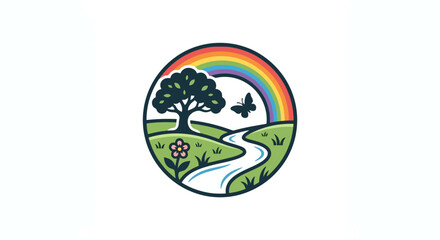 Obraz premium Vibrant nature landscape circle logo with rainbow, tree, river, flower, and butterfly