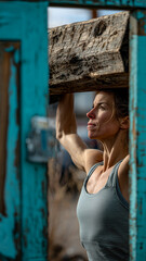 Fototapeta premium Woman holding log overhead in weathered setting