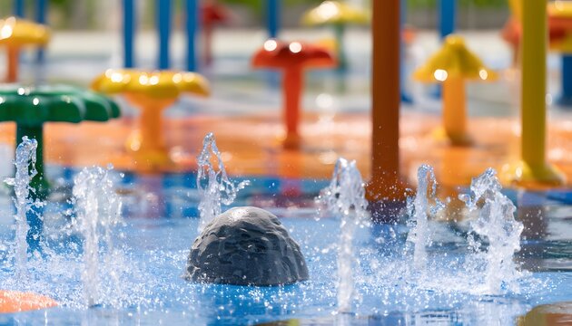 A colorful water park with fountains and playful mushroom-shaped water features
