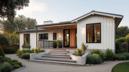 Fototapeta premium A modern farmhouse ADU blends clean architecture, natural materials, and warm textures, creating a peaceful backyard retreat that balances timeless charm with contemporary living.