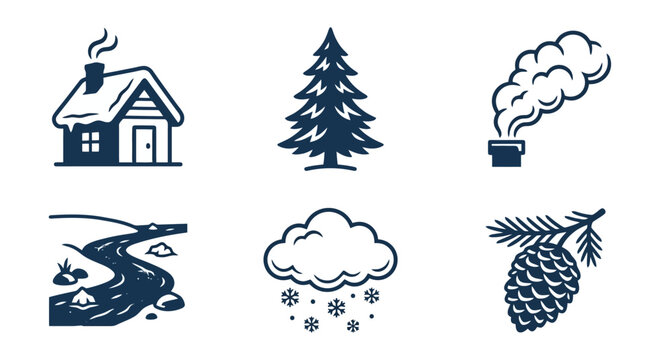 Winter Icons: Cabin, Pine Tree, Smoke, River, Snow Cloud, Pinecone