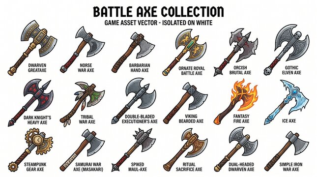 A diverse collection of stylized fantasy battle axes, each with unique designs and names, presented as game assets on a white background.