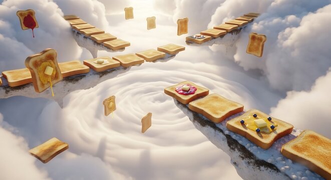 Whimsical Breakfast Adventure: Toasted Bread Bridges Over Creamy Swirls.