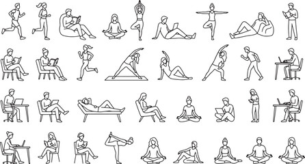 Fototapeta premium Set of people performing daily activities including working exercising and relaxing in simple line art style