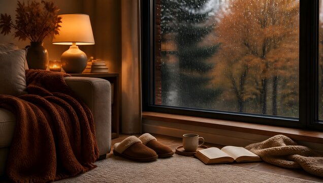 Cozy rainy autumn evening inside with book and warm slippers.