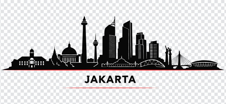 Jakarta city skyline silhouette with famous landmarks, indonesia vector illustration