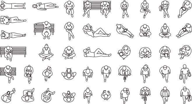 Top view people silhouettes set for architectural site plans and urban design projects in line art style
