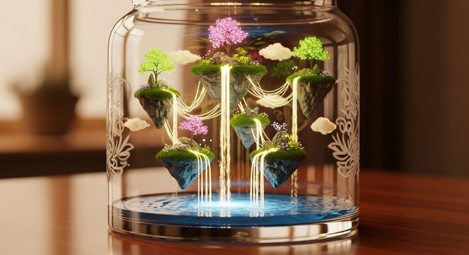 Enchanting Miniature Floating Island Ecosystem Inside a Glass Jar.