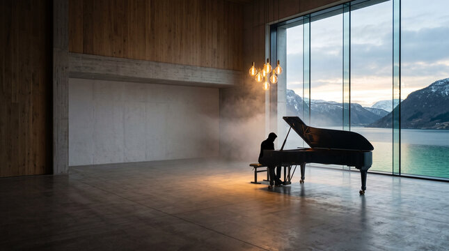 Pianist Performing Grand Piano With Mountain Lake View