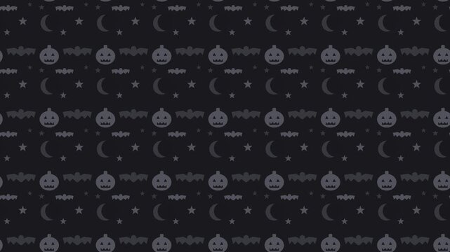 Black halloween pattern with pumpkins and bats scrolling, cute seamless loop background