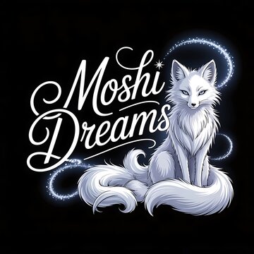 White arctic fox with glowing magic swirls and moshi dreams typography