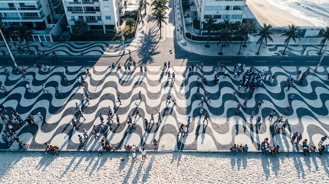 Aerial View of Beachfront Plaza with Crowd Gathering