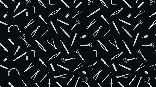 Seamless pattern of surgical instruments on black background with surgical