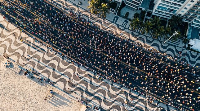 Aerial View of Crowded Beach Promenade with Sunbathers