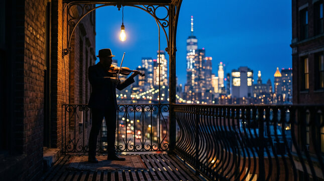 Violinist Playing on Urban Rooftop at Twilight