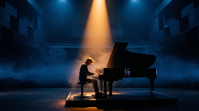 Pianist Performing Solo Concert in Spotlight
