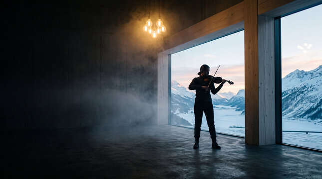 Violinist Performing in Modern Mountain Retreat at Sunset