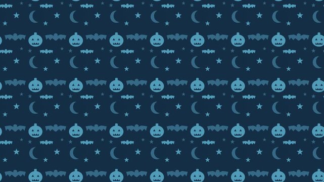 Blue halloween pattern with pumpkins and bats scrolling, cute seamless loop background