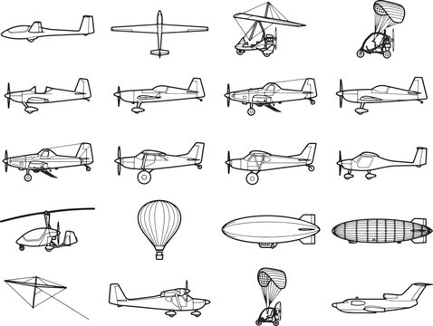 A collection of diverse aircraft silhouettes, including airplanes, helicopters, hot air balloons, and gliders, presented in a clean, graphic style.