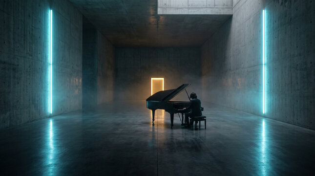 Pianist Performing in Modern Minimalist Concert Hall