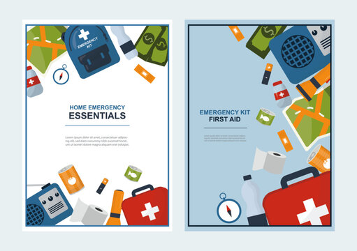 Home Emergency Essentials Poster Set. Two vertical posters with emergency kit items, first aid supplies and preparedness concepts for home safety and disaster planning. Flat style. Vector illustration