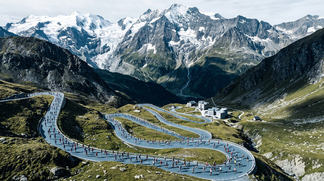 Marathon runners on winding mountain road with alpine peaks