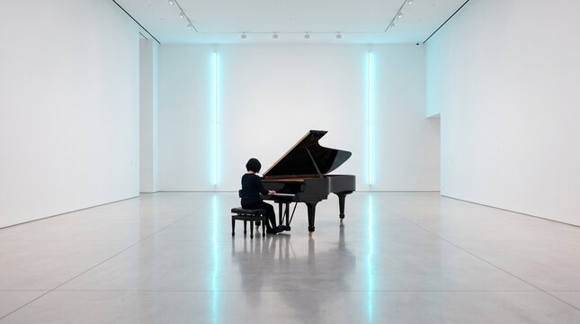Pianist Performing in Minimalist Concert Hall