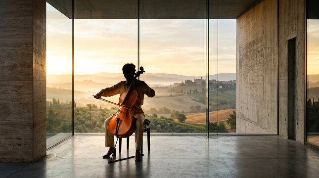 Cellist Playing in Modern Room with Tuscan Landscape View