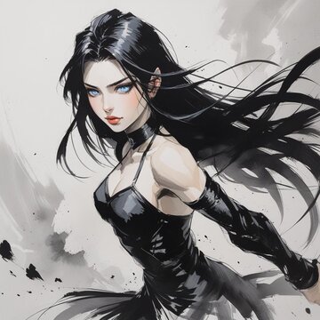 黒髪となびく髪の力強い女性墨絵
