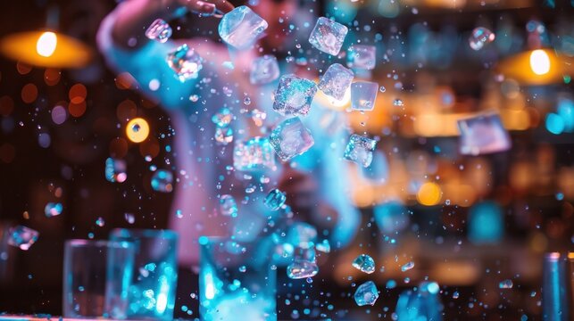 Bartender throws ice cubes in bar