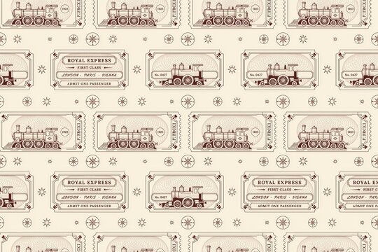 Vintage seamless pattern featuring old steam train on railway tickets with star on a light beige paper background texture