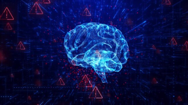 Neural warning technology visual with luminous brain, red danger symbols, and dark digital motion. Perfect for AI safety videos, cyber threat scenes, medical screens, and overlays.