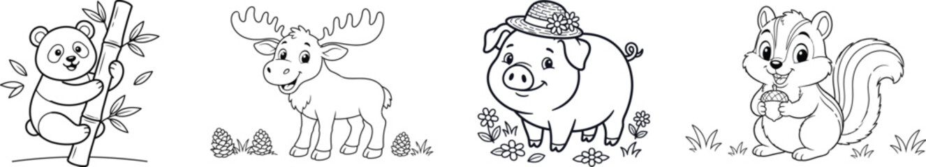Fototapeta premium Cute Turkey, Alpaca, and Rabbit Coloring Book Pages Black and White Cartoon Animal Outline Vector Set for Children
