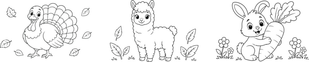 Fototapeta premium Cute Farm and Woodland Animals Coloring Book Pages Set with Turkey Alpaca Rabbit Cow Duck Chick Cat Black and White Line Art Vector Illustration