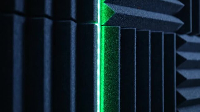 Acoustic foam panels arranged in a geometric pattern feature a vibrant vertical green light strip that adds a modern aesthetic to a professional soundproof recording studio wall.