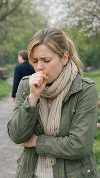 Woman experiencing allergies with a hand on her nose.