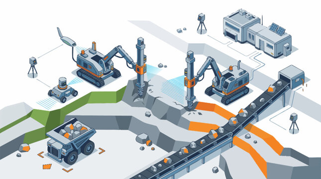 Modern industrial construction site with heavy machinery and workers.