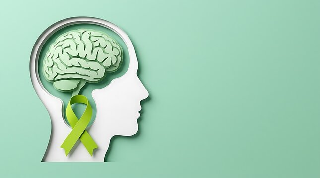 Mental health awareness concept. Human head silhouette with brain and green ribbon.
