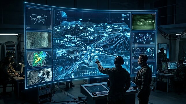 Two men in a high-tech command center analyzing a large holographic map display with drone feeds and data.