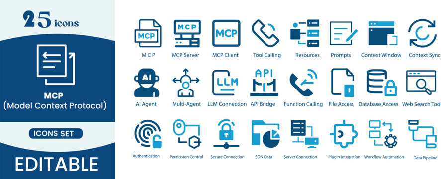 Model context protocol mcp icons set for developer tools showcasing ai integration client server architecture function calling and data pipeline management technology graphic symbols.