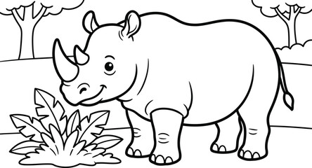 Obraz premium Cute Rhinoceros Standing in Nature Coloring Page for Kids Black and White Outline Illustration