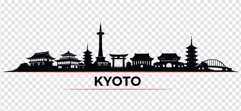 Kyoto, japan skyline silhouette with famous landmarks and traditional architecture