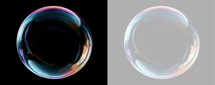 Single soap bubble with iridescent surface. Transparent sphere isolated on black and checkered background