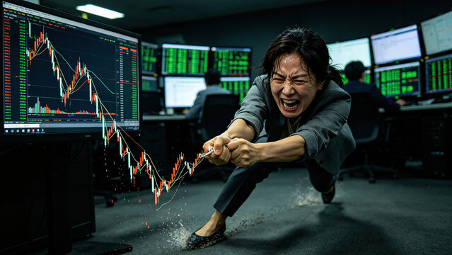 A highly stressed female trader pulls tightly on a rope in the trading room, battling against a plummeting stock chart.