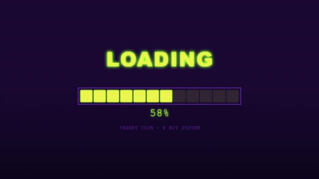 8 Bit Retro Loading Bar Chunky Pixel Blocks Insert Coin Lime Purple Loop. 4k