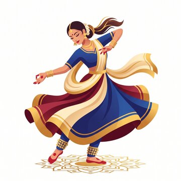 Indian classical dancer performing Bharatanatyam pose. Traditional female artist in vibrant costume with expressive hand gestures and dynamic movem...