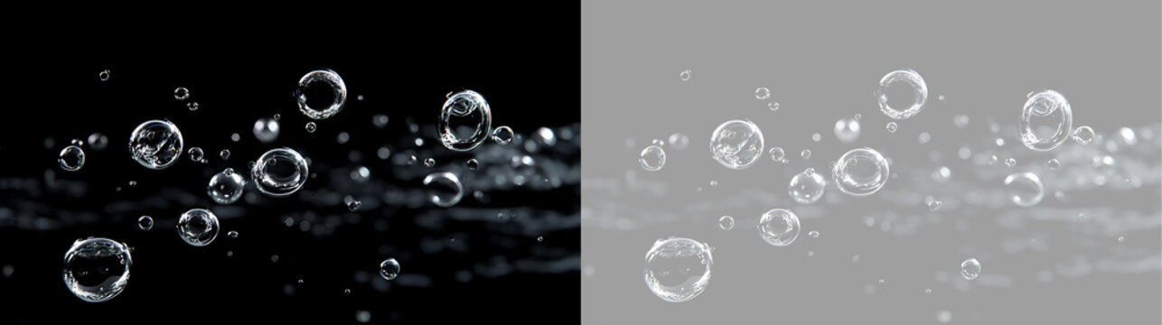 Scattered water bubbles rising from dark surface. Transparent isolated design element on black and grid background